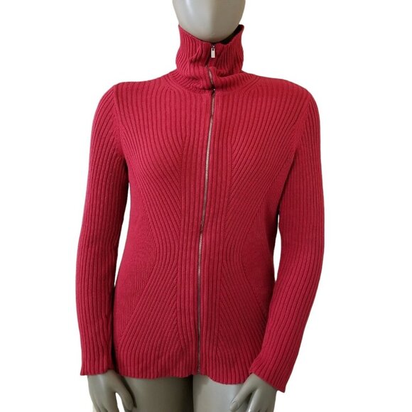 Liz Clairborne Sweater Womans 1X Red Rib-Knit Turtleneck Full Zip Cardigan - Picture 1 of 12